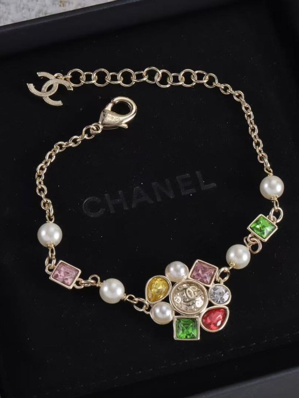 Like-New Chanel Multi-Color Gemstone & Pearl CC Logo Bracelet